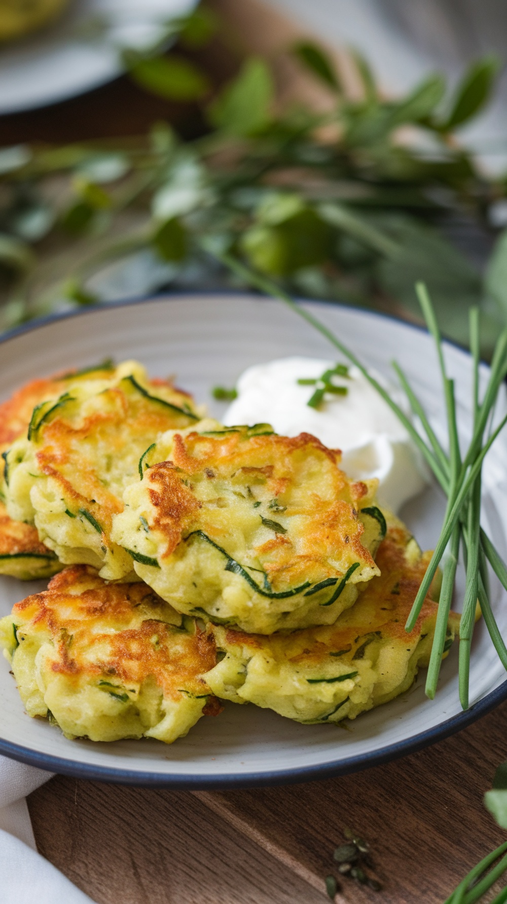 Plate of zucchini fritters with sour cream