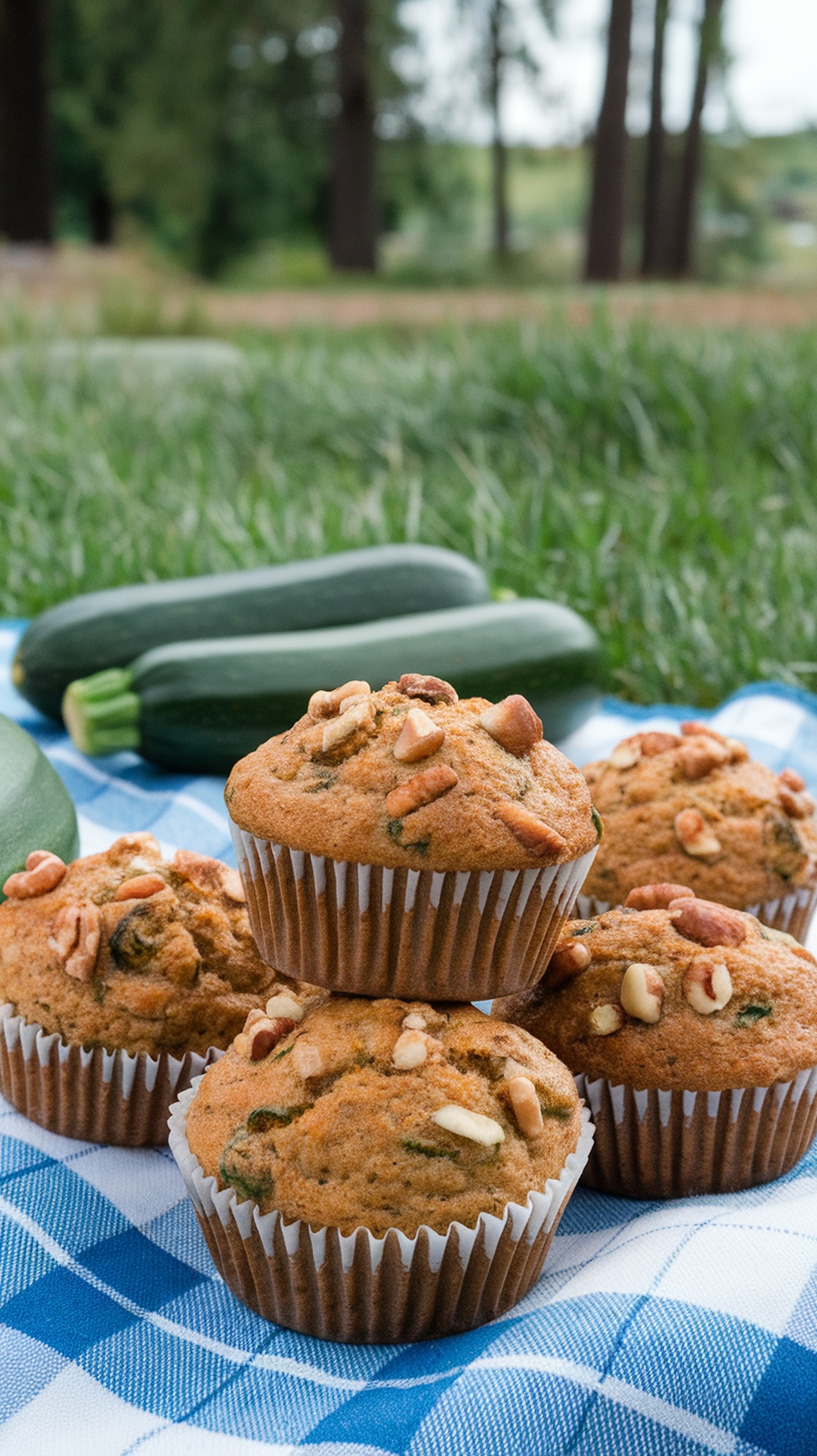 Freshly baked zucchini muffins on a checkered cloth with zucchini in the background.