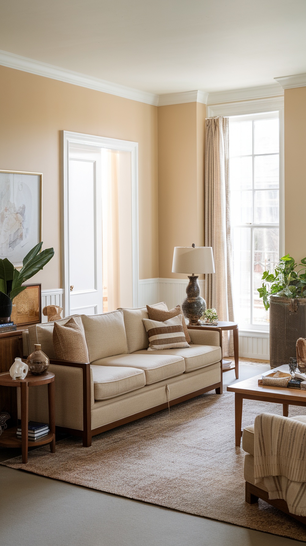 A cozy living room featuring Accessible Beige walls, a light-colored sofa, and natural light from large windows.