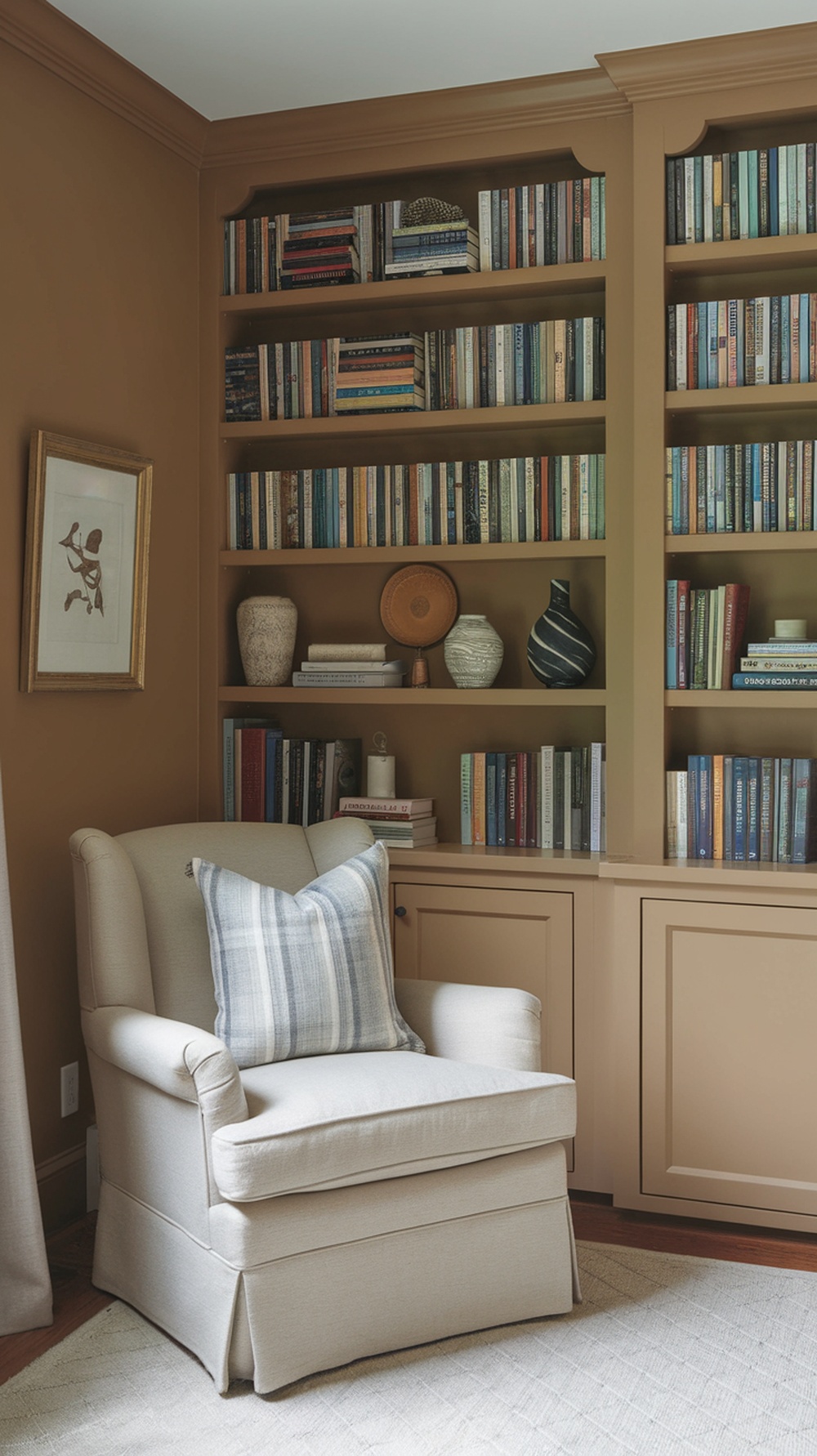 A cozy reading nook with warm Alpaca-colored walls, a soft armchair with a plaid pillow, and bookshelves filled with books and decorative items.