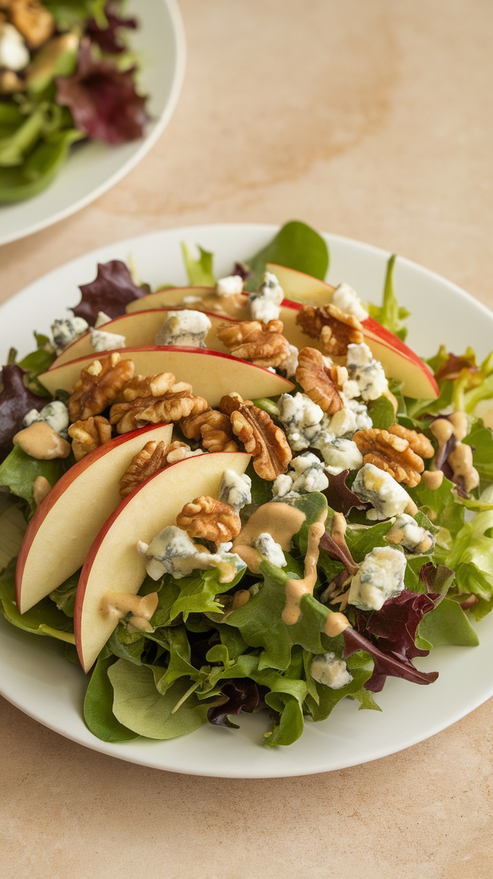 A vibrant apple and walnut salad with greens and blue cheese