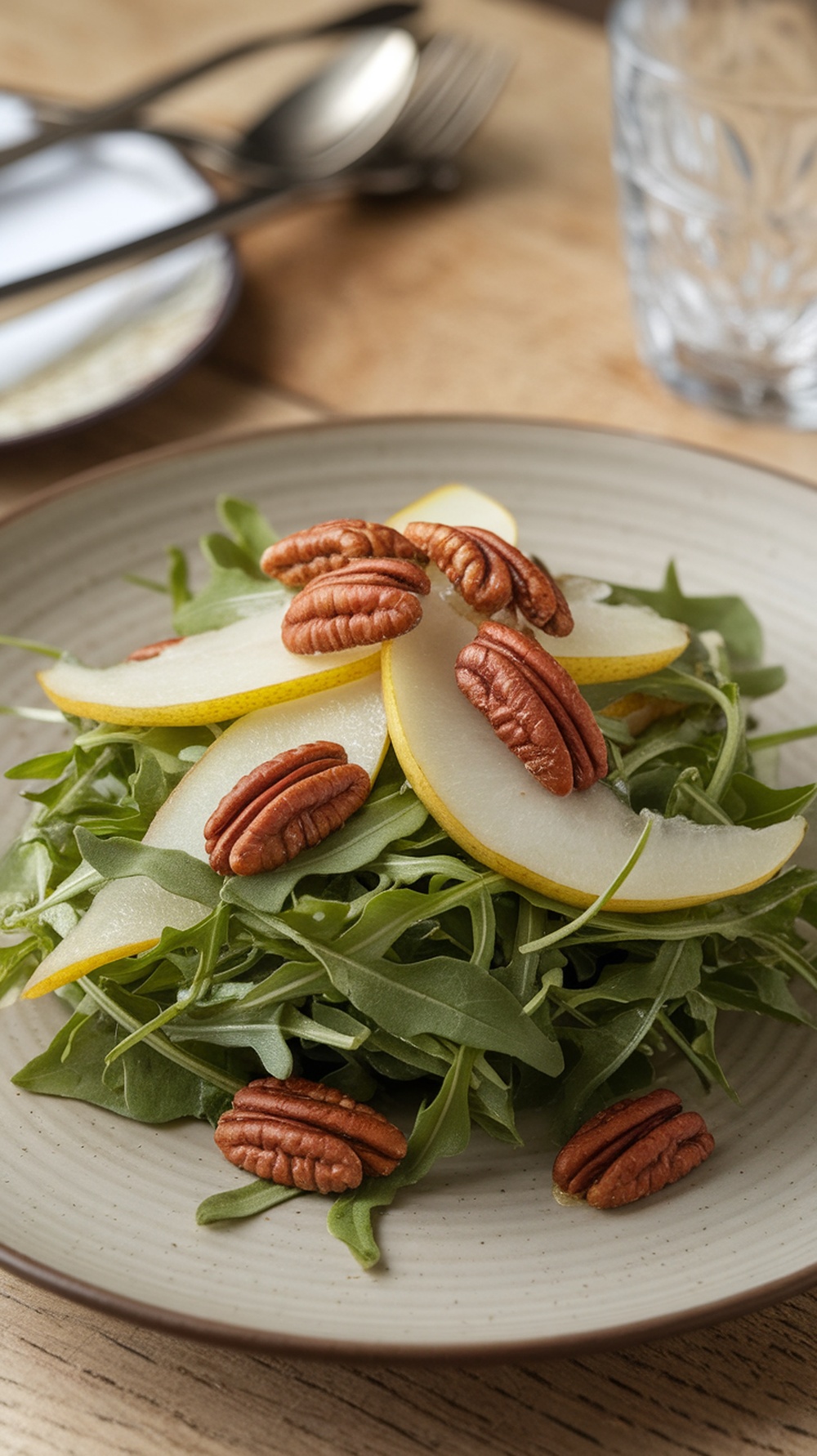 A fresh arugula salad topped with pear slices and candied pecans.