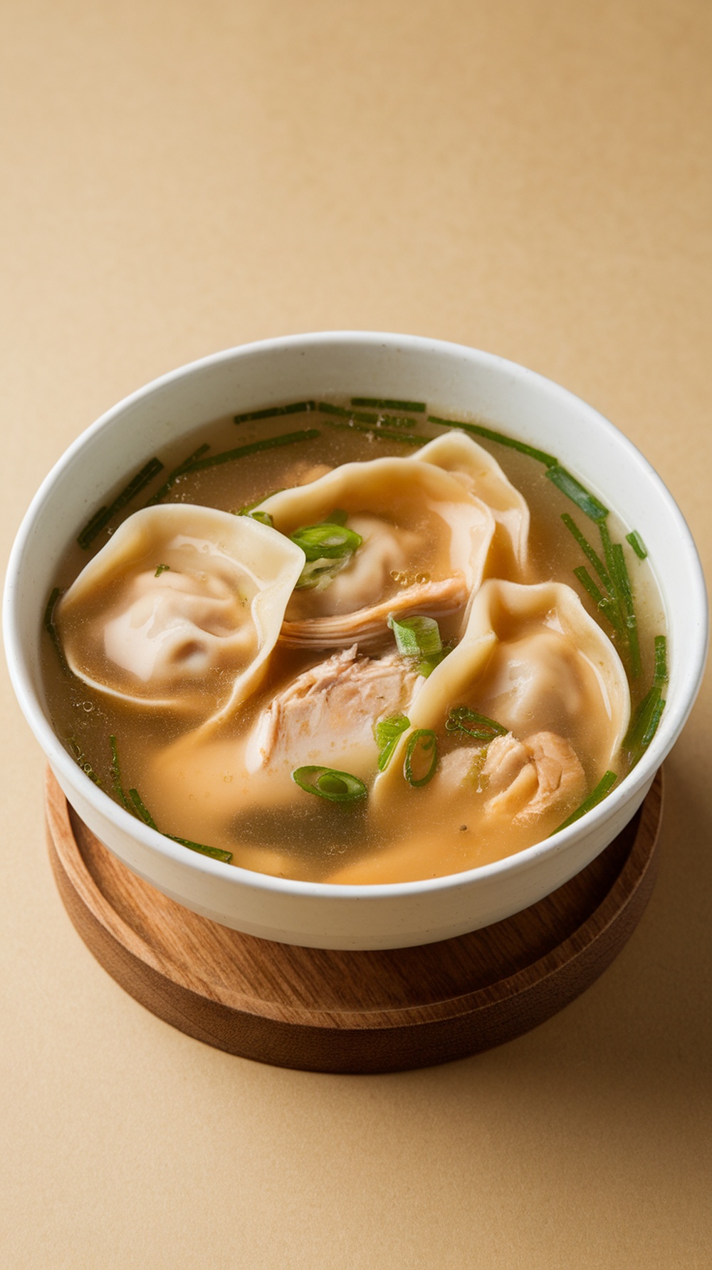 A bowl of Asian-inspired chicken wonton soup with chicken, wontons, and green onions in a savory broth.