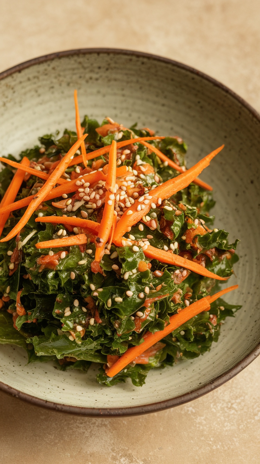 A vibrant bowl of Asian-inspired kale slaw featuring kale, shredded carrots, and sesame seeds.