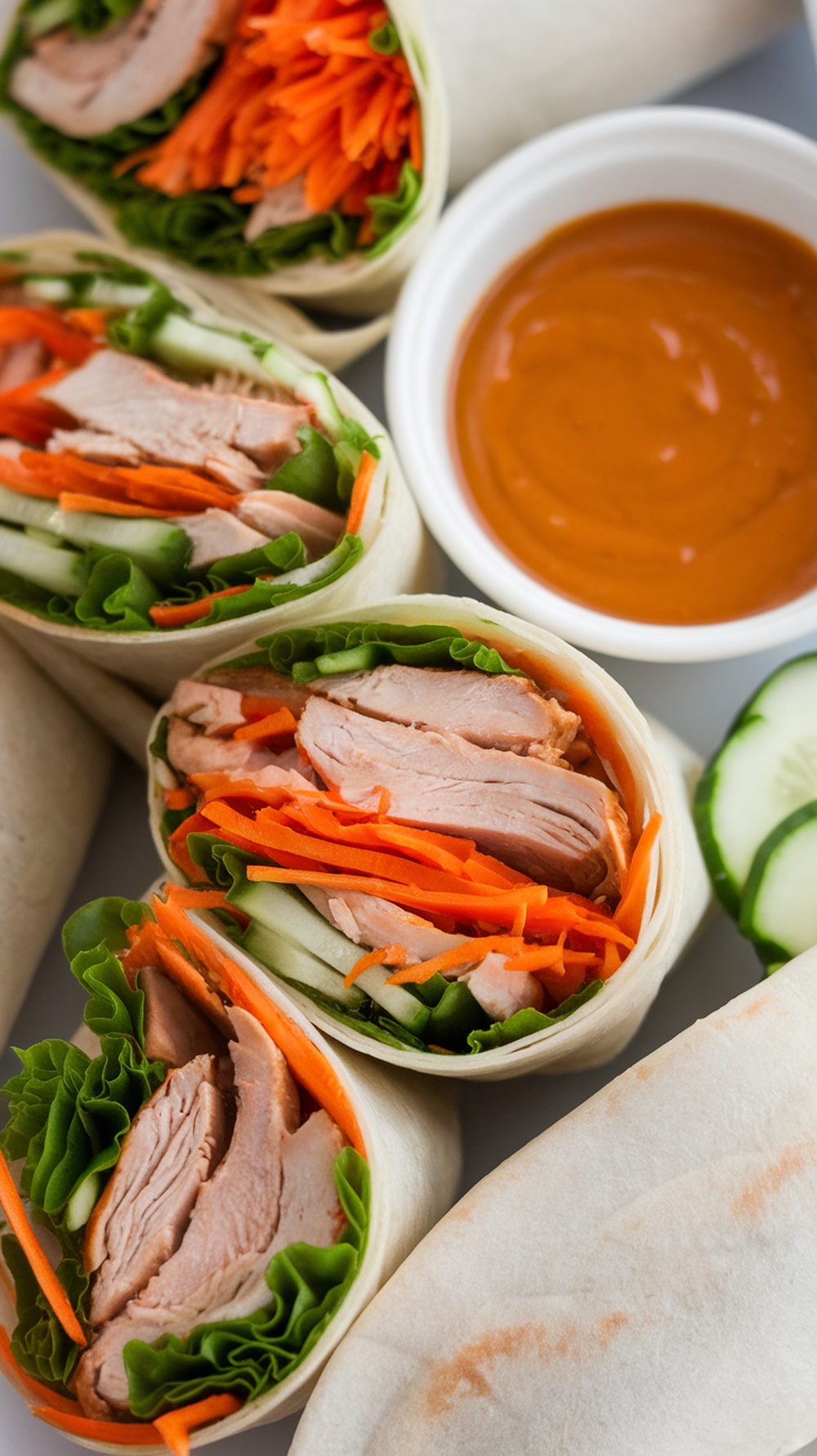Asian-inspired rotisserie chicken wraps filled with vegetables and served with dipping sauce.