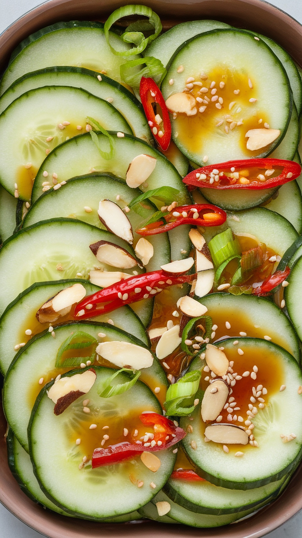 A vibrant Asian cucumber salad with sesame dressing featuring sliced cucumbers, sesame seeds, green onions, and red chili.