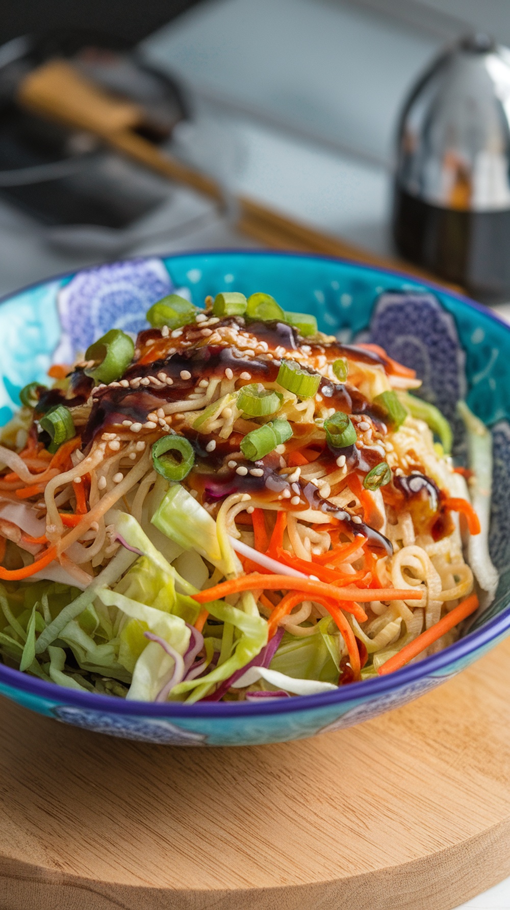A vibrant Asian Noodle Salad with colorful vegetables and a sesame dressing.