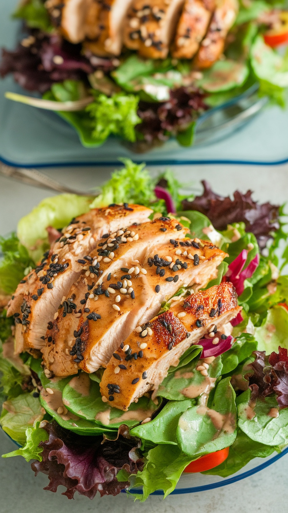 A vibrant Asian Sesame Chicken Salad with grilled chicken, mixed greens, and sesame seeds.
