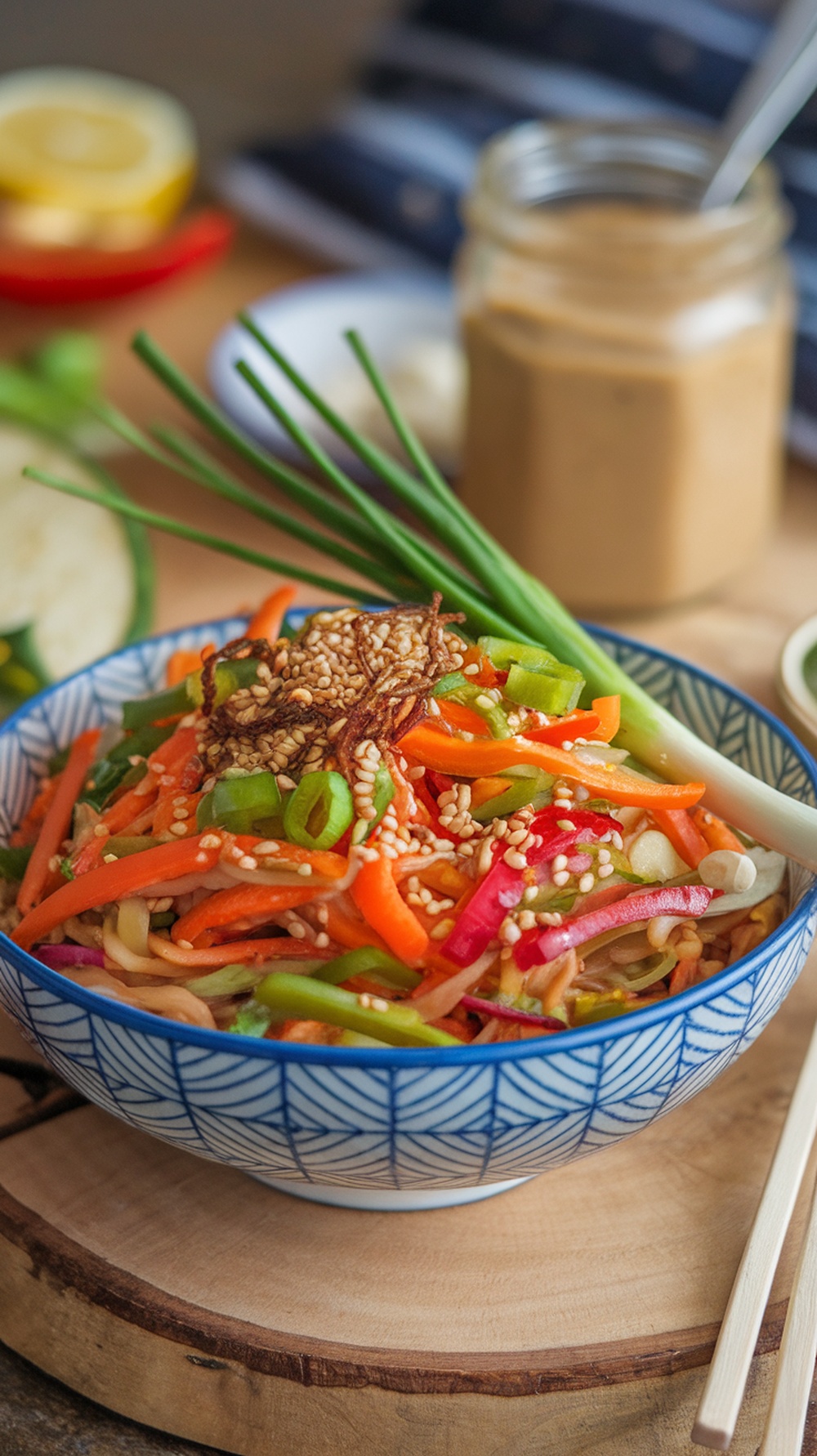 A colorful bowl of Asian Sesame Noodle Salad with fresh vegetables and sesame seeds.