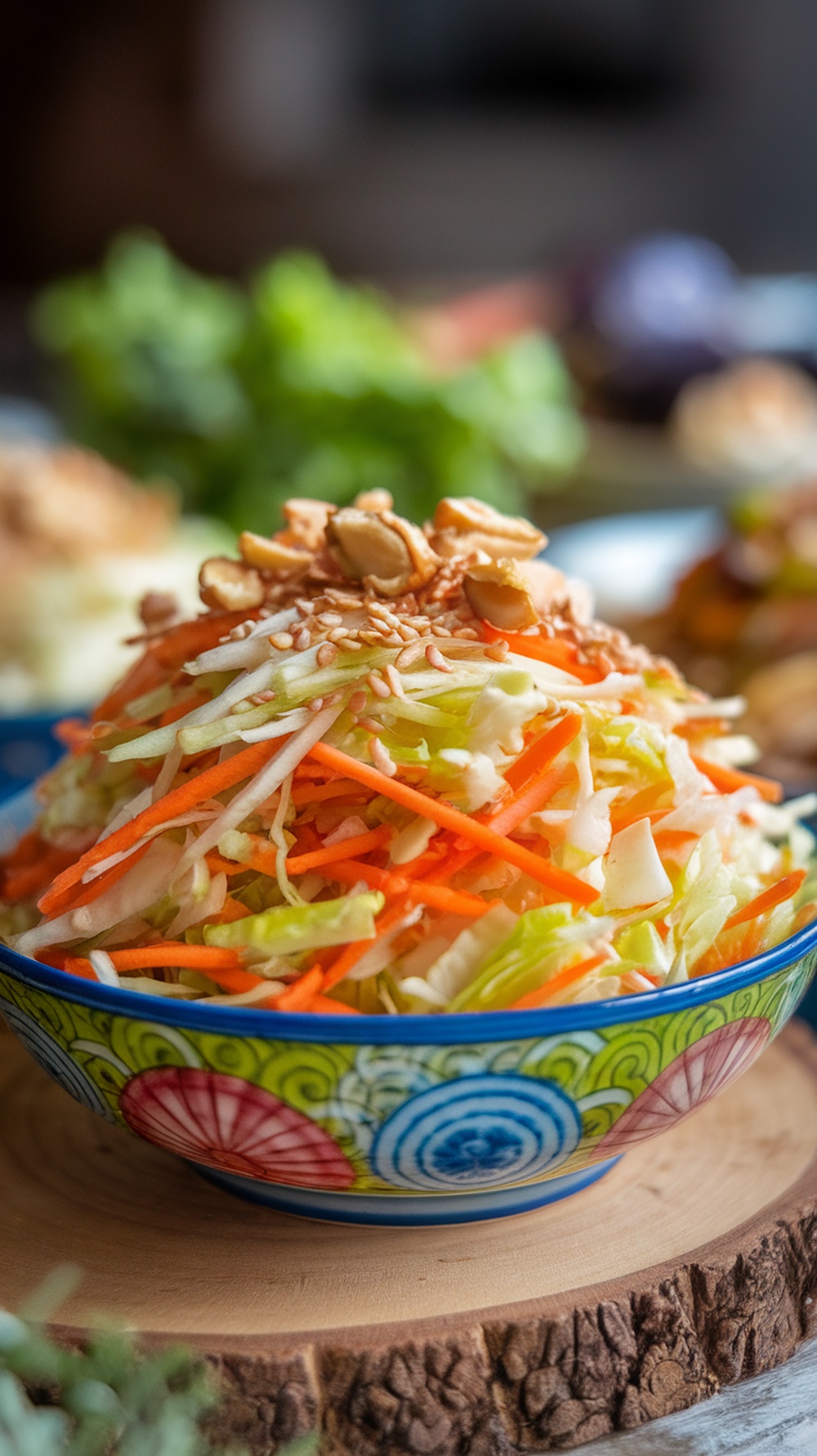 A colorful bowl of Asian sesame slaw topped with peanuts.
