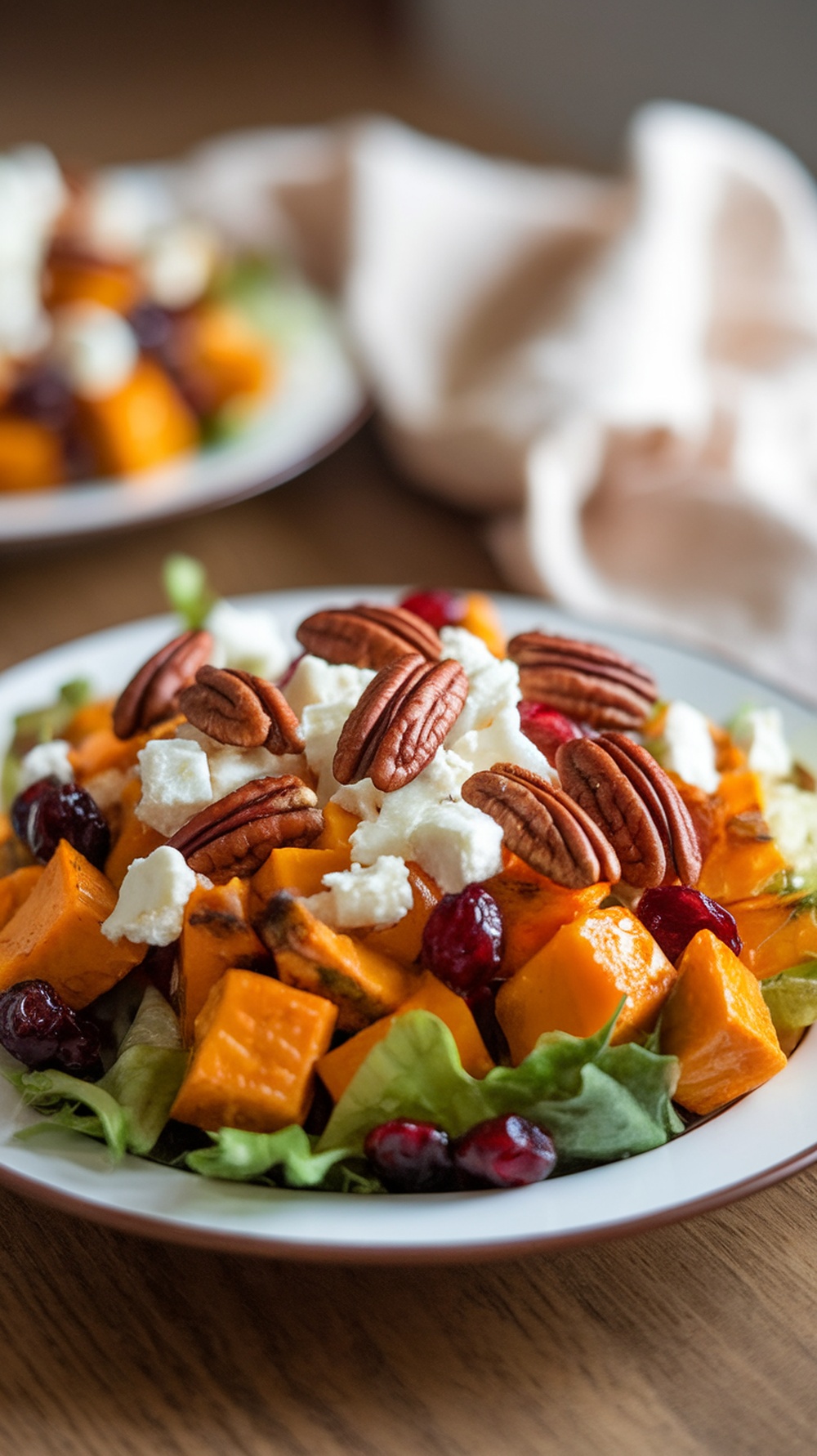 A vibrant autumn salad featuring roasted squash, cranberries, pecans, and feta cheese on a bed of greens.