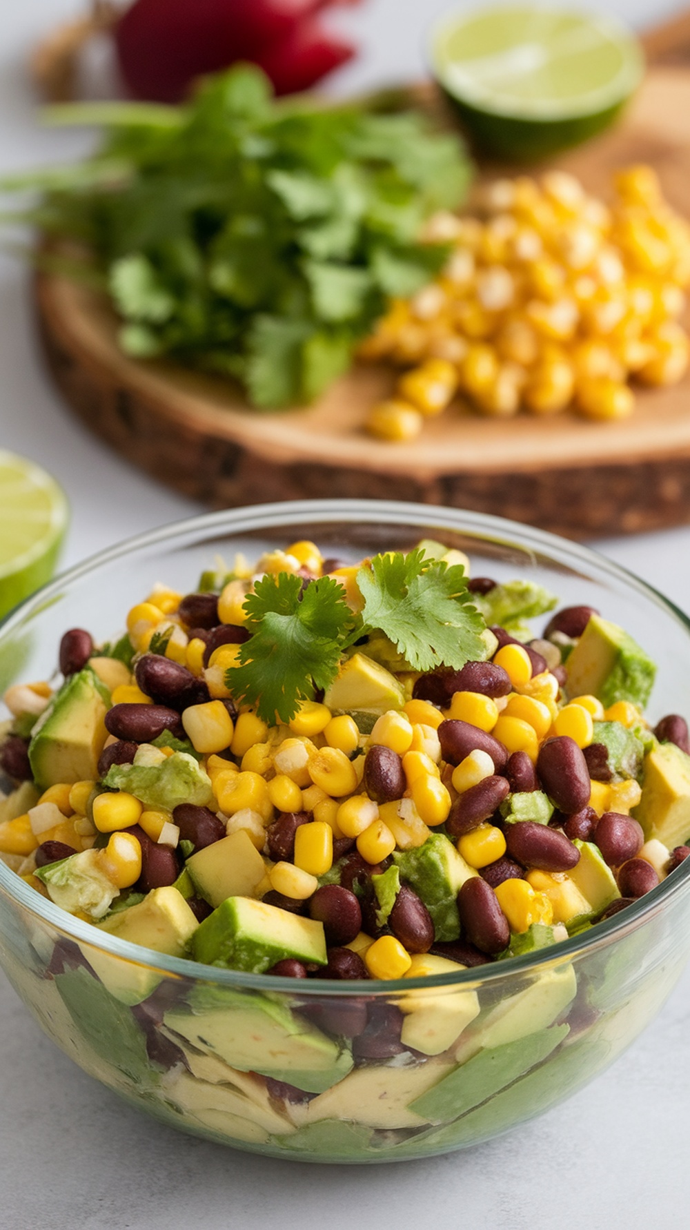 A colorful bowl of avocado and black bean salad with corn, red onion, bell pepper, and cilantro.