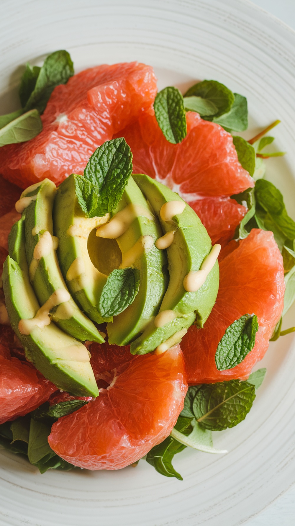 A refreshing avocado and grapefruit salad topped with mint leaves and honey dressing.