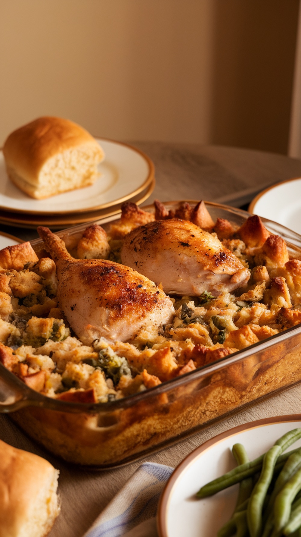 A delicious baked chicken and stuffing casserole, featuring chicken breasts on top of a golden stuffing base.