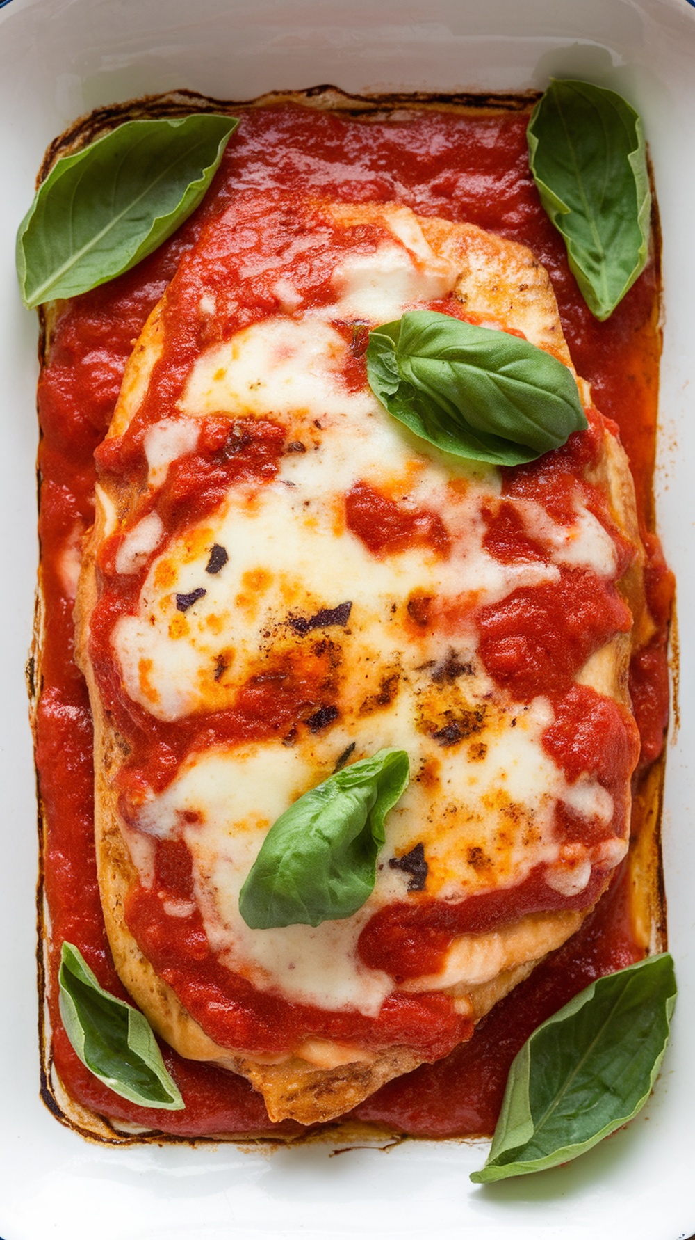 A dish of baked chicken parmesan topped with marinara sauce and fresh basil.
