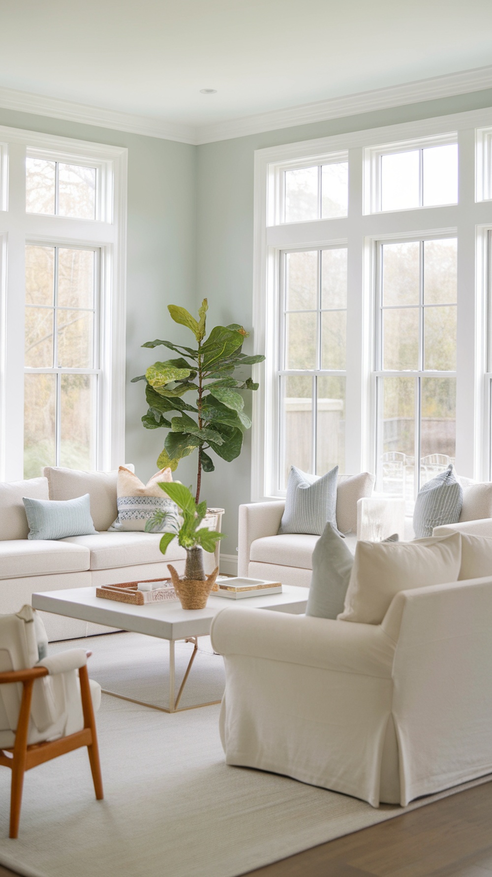 A bright living room featuring Balboa Mist walls, large windows, and neutral furniture.
