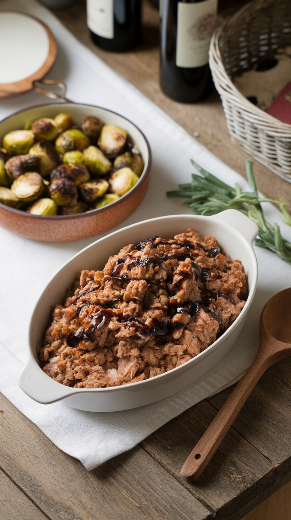 Balsamic Glazed Chicken served with Brussels sprouts on a wooden table
