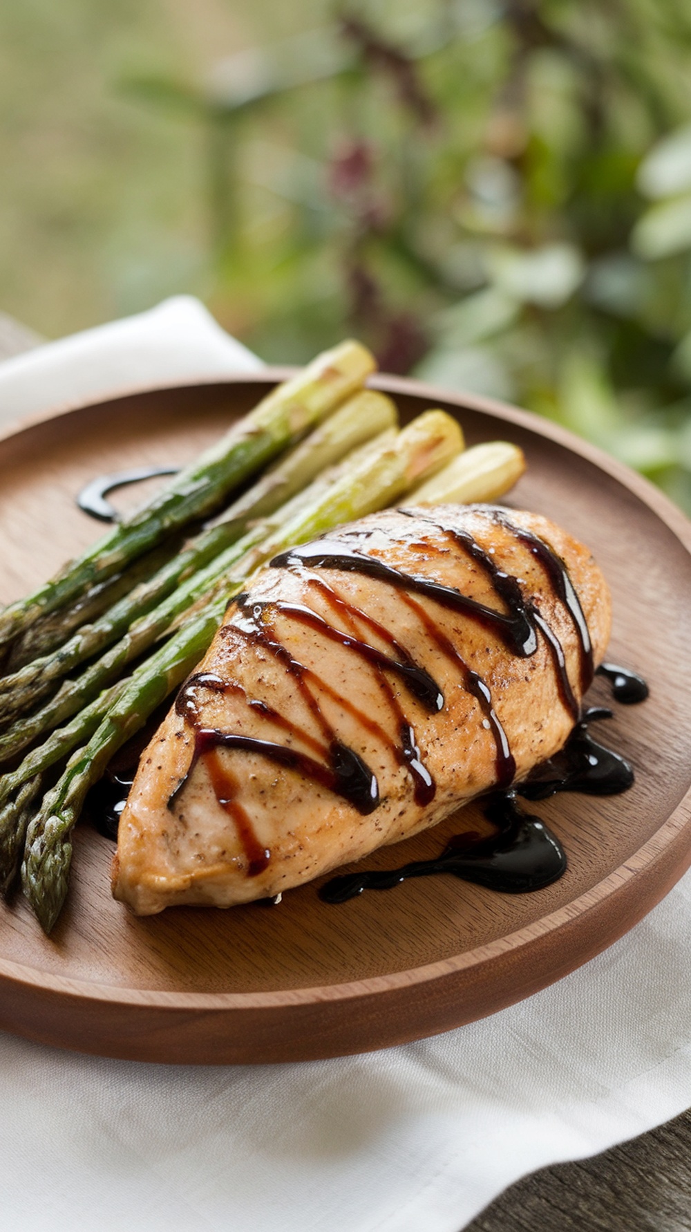Balsamic glazed chicken breast served with asparagus.