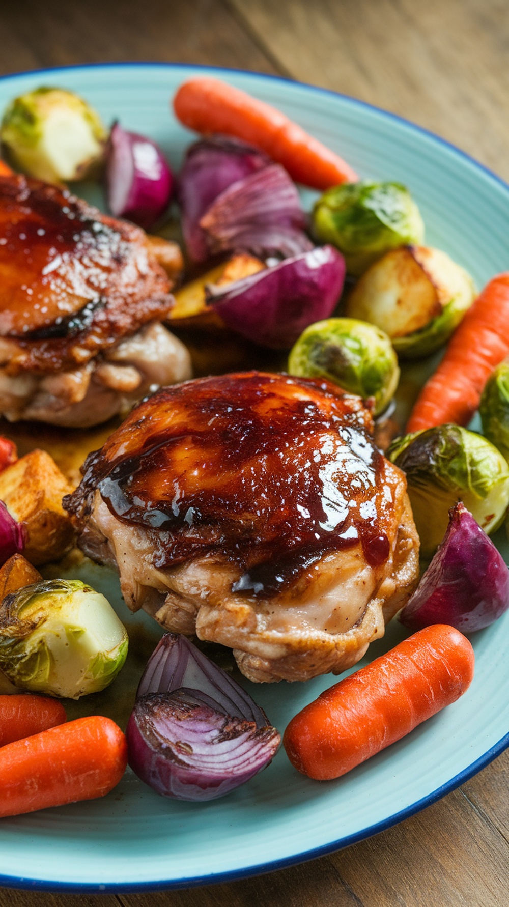 Balsamic glazed chicken thighs with roasted vegetables on a plate.