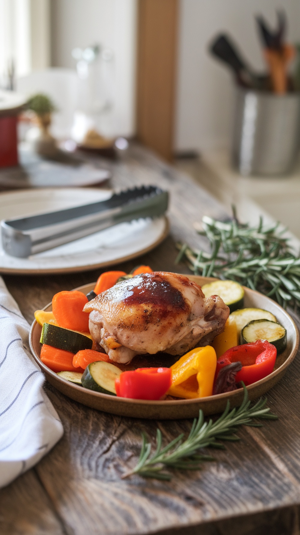 Balsamic glazed chicken served with colorful roasted vegetables