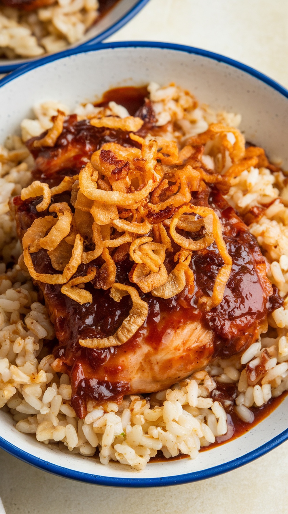A delicious serving of barbecue chicken and rice casserole topped with crispy fried onions.