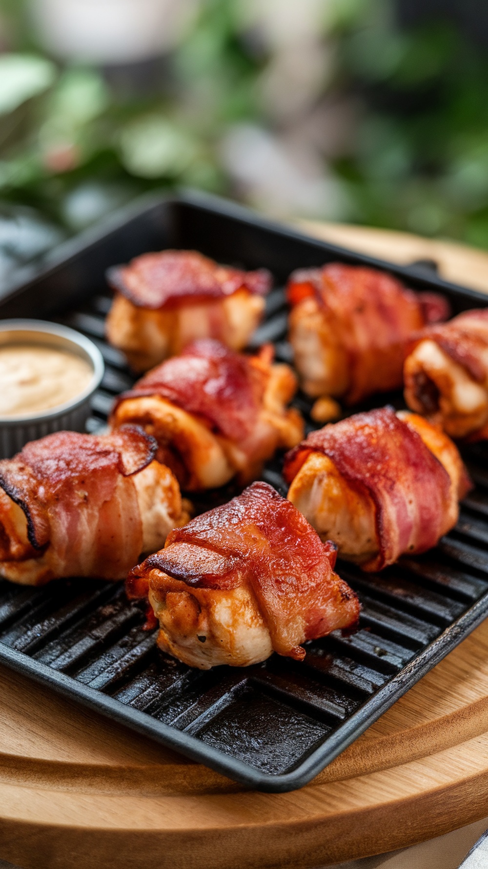 BBQ bacon-wrapped chicken bites on a grill pan with dipping sauce