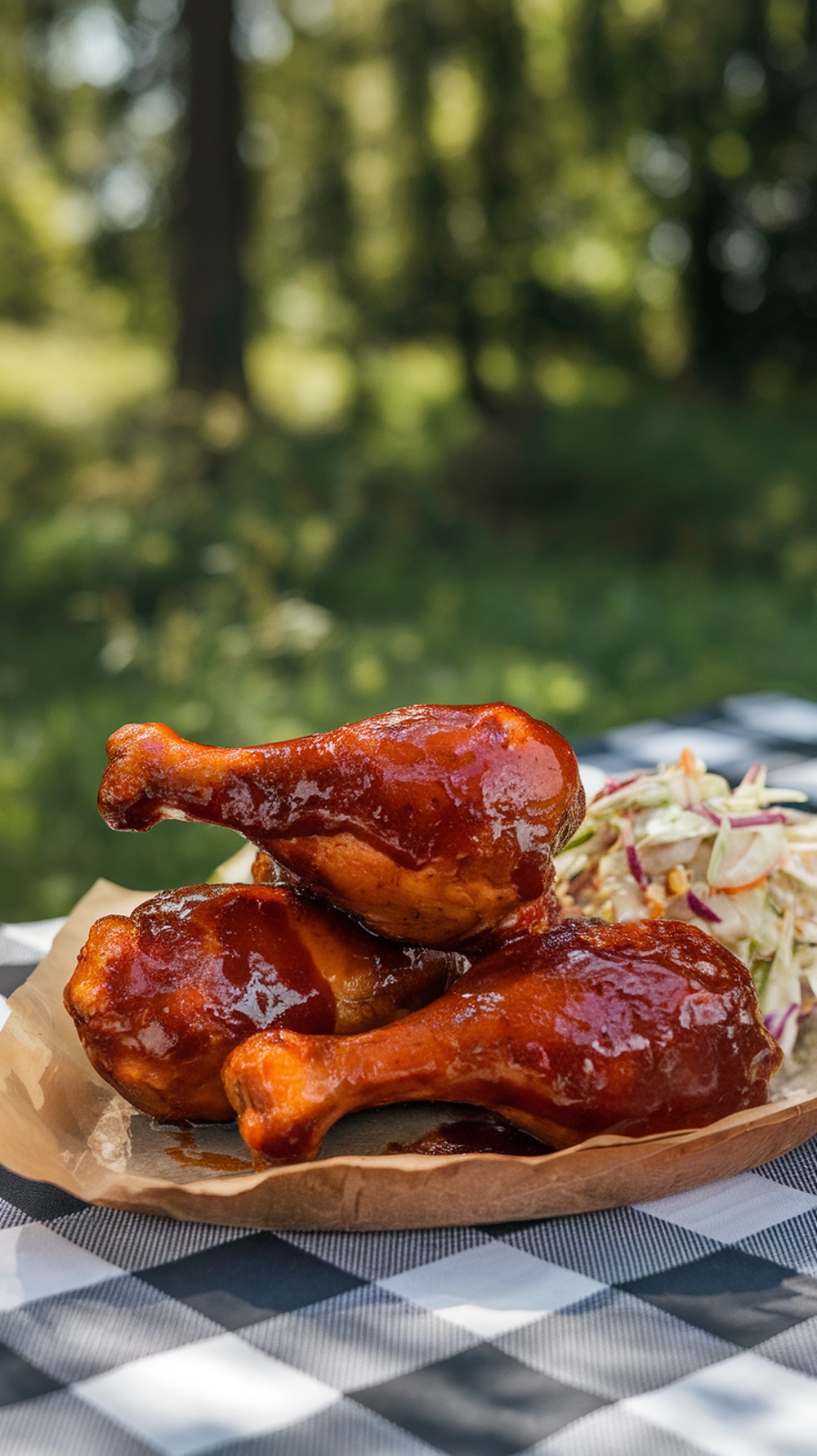 BBQ baked chicken drumsticks on a plate.
