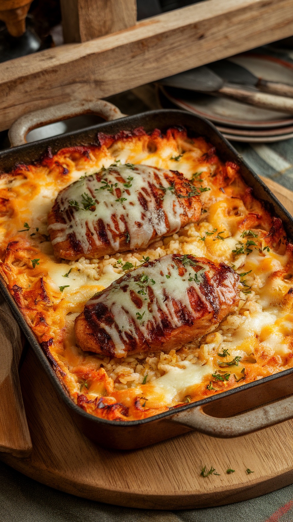 BBQ Chicken and Rice Bake in a baking dish with melted cheese on top