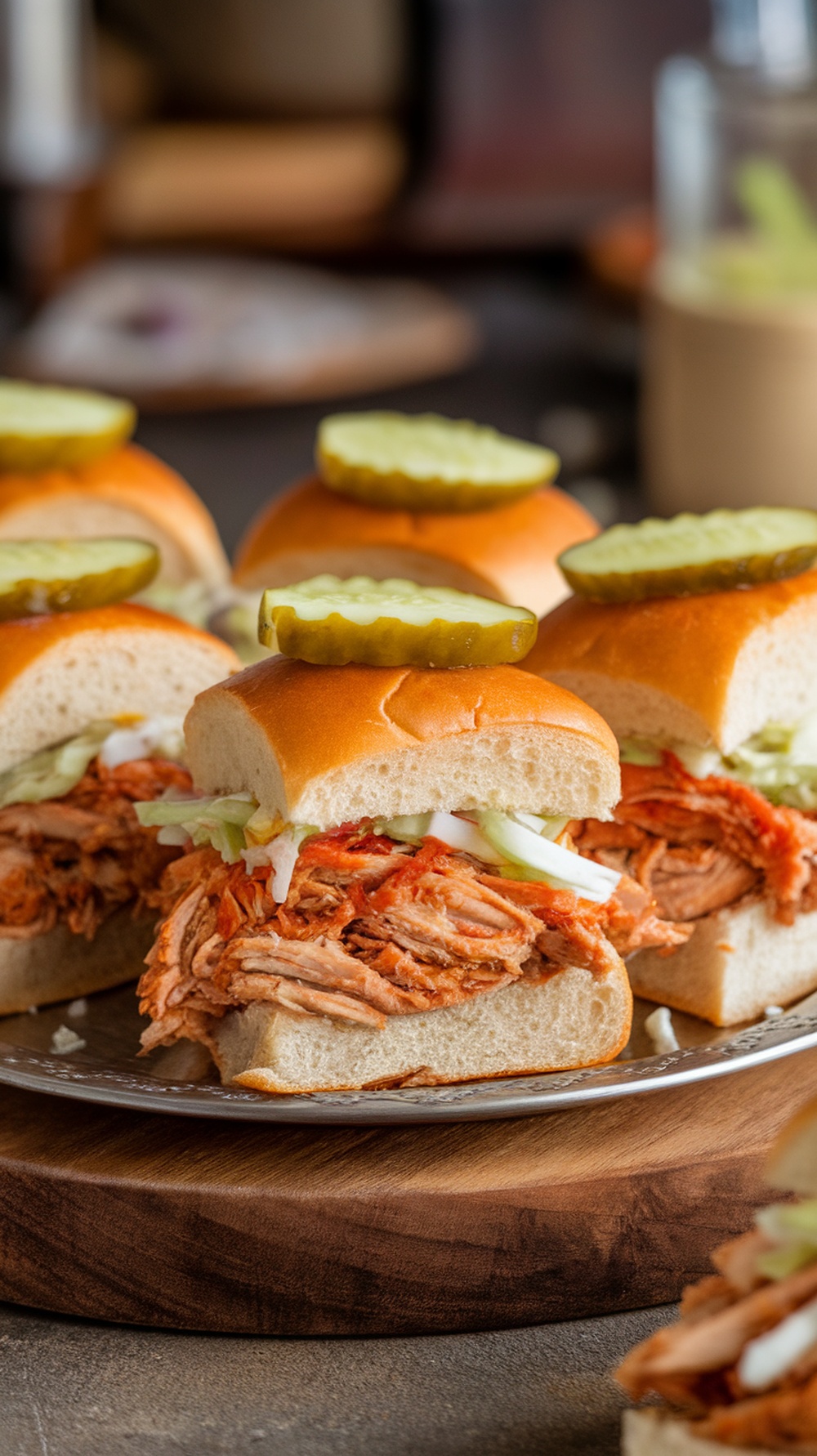 BBQ shredded chicken sliders with pickles
