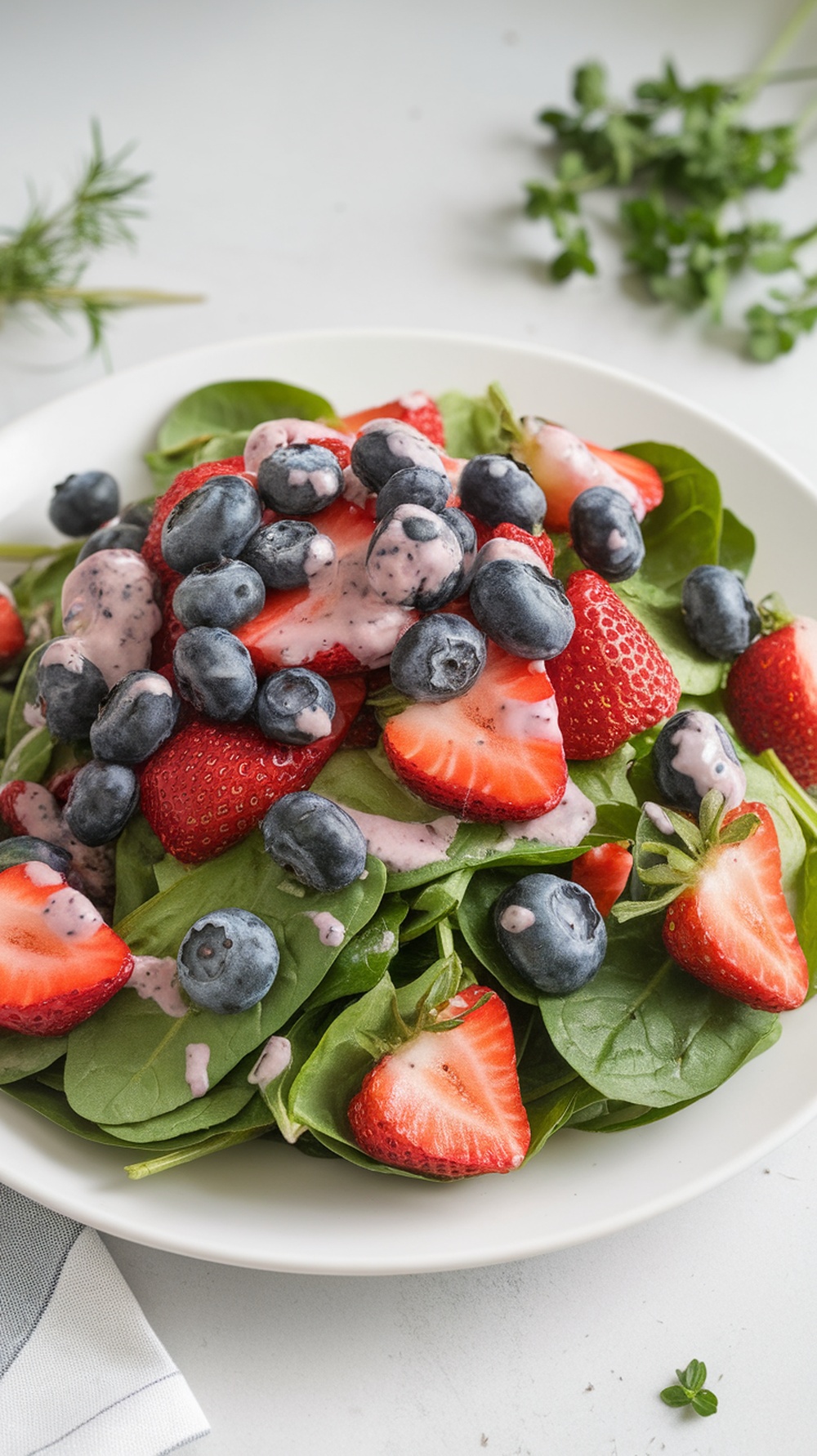 A fresh berry spinach salad with strawberries, blueberries, and poppy seed dressing.