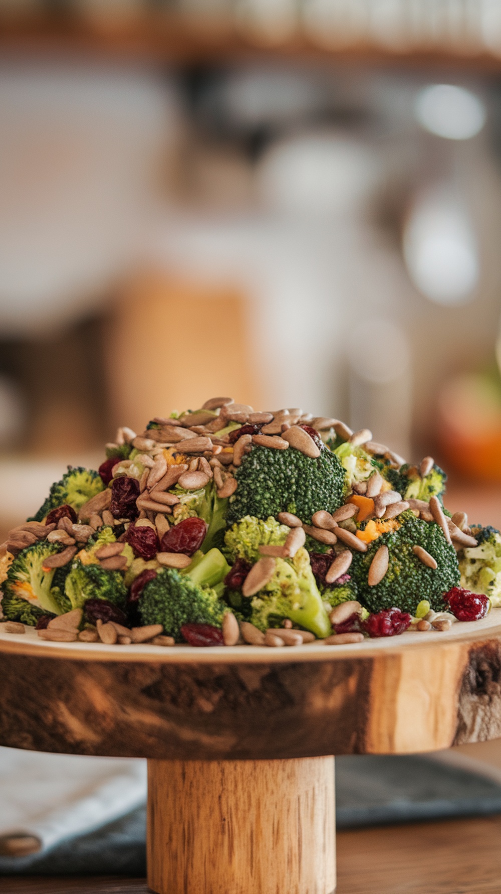 A vibrant broccoli and cranberry salad topped with sunflower seeds.