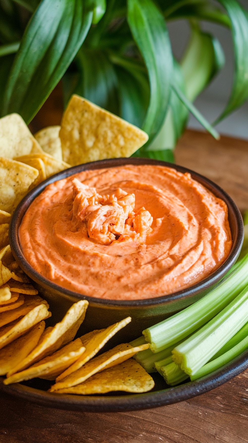 Buffalo Chicken Dip with tortilla chips and celery sticks