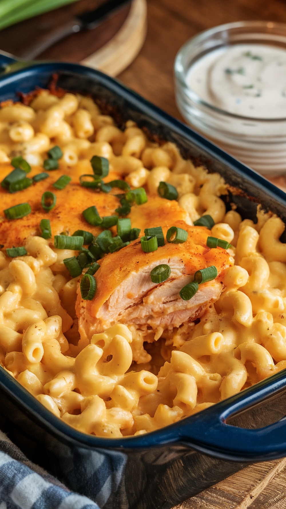A delicious serving of Buffalo Chicken Mac and Cheese topped with green onions.