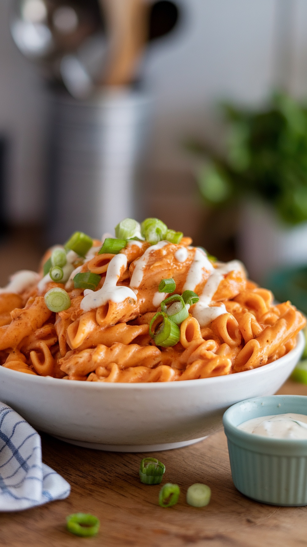 A bowl of buffalo chicken pasta topped with green onions and drizzled with ranch dressing.