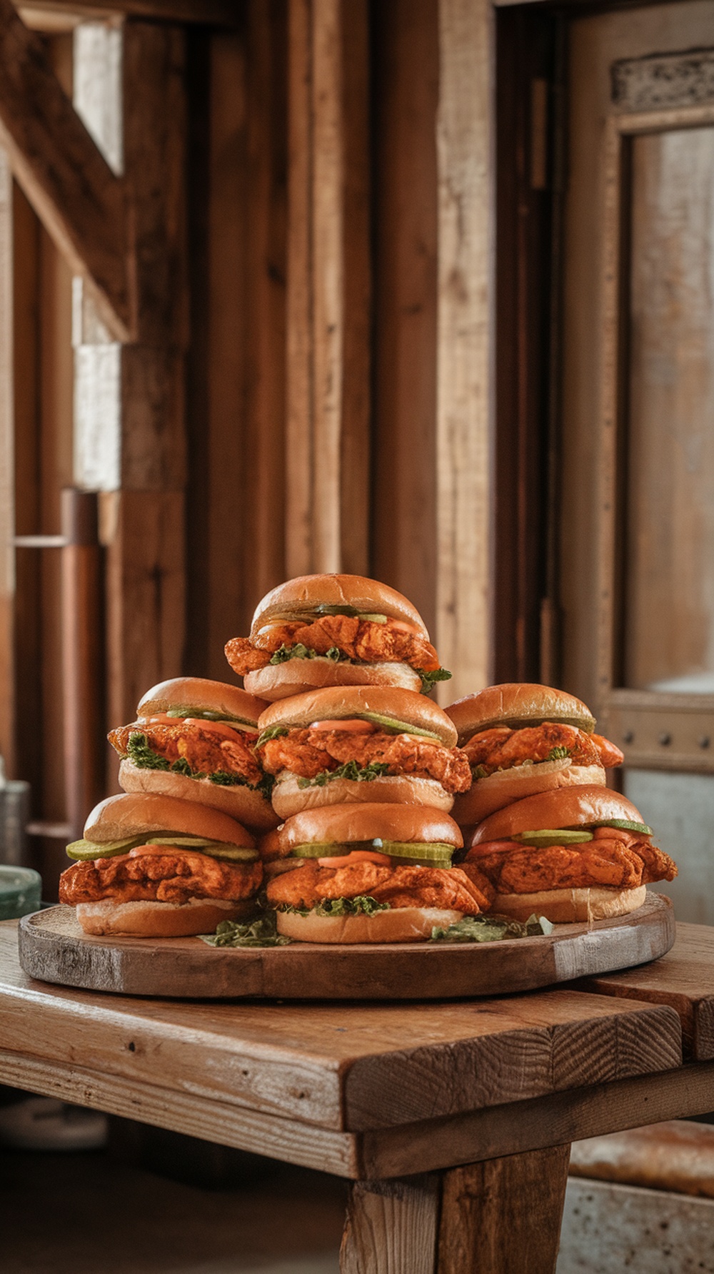 Buffalo grilled chicken sandwiches stacked on a wooden platter