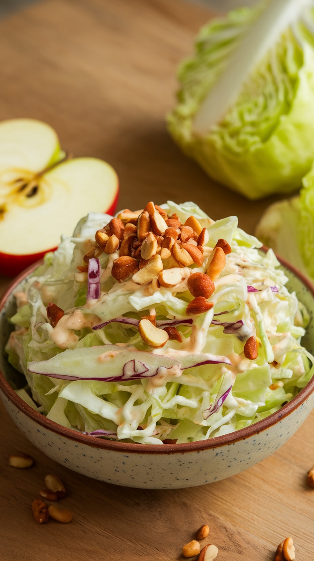 A bowl of Cabbage and Apple Slaw topped with peanuts