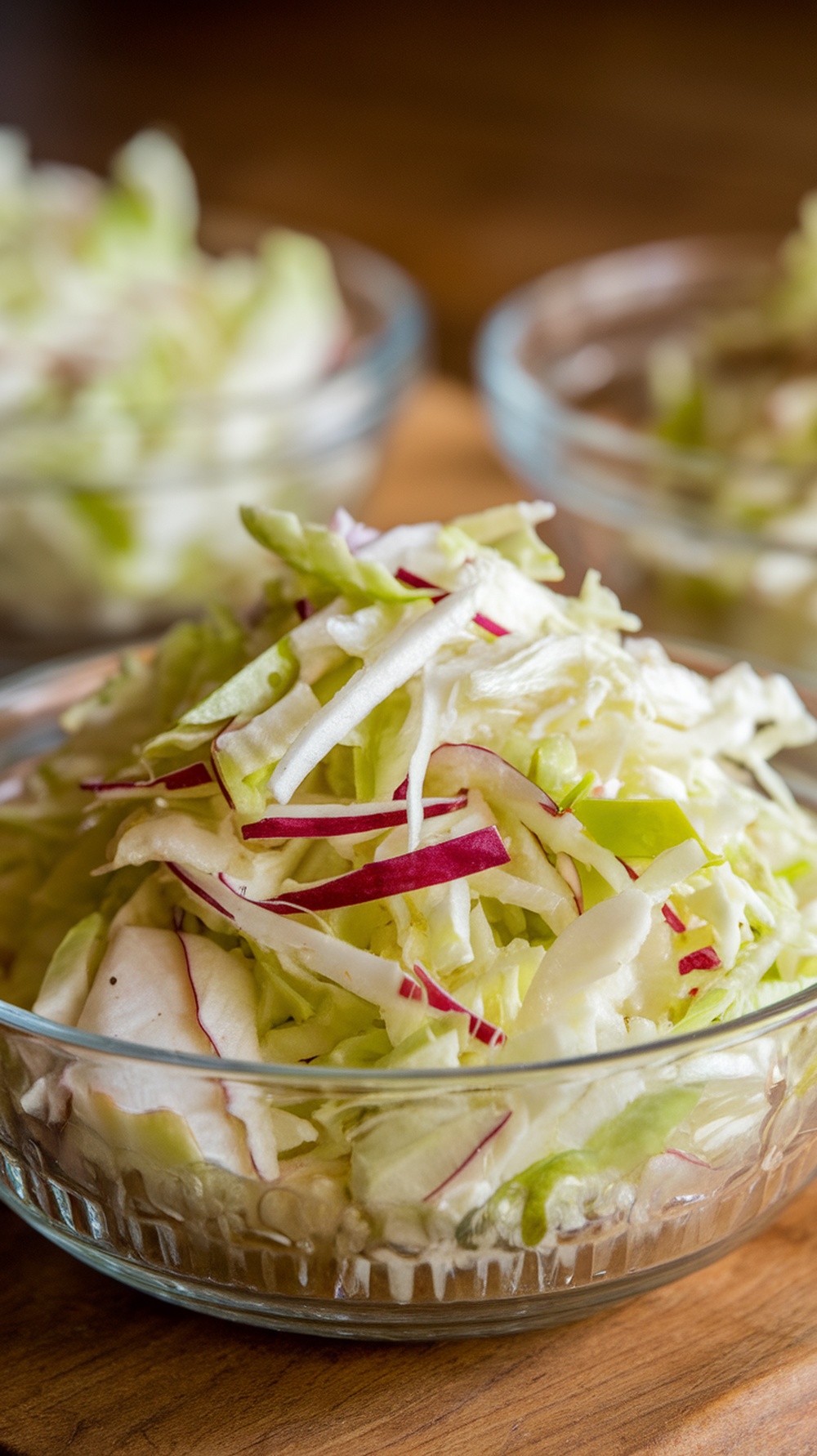 Cabbage and apple slaw in a glass bowl