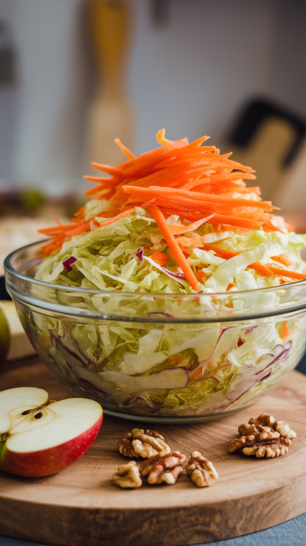 A bowl of cabbage slaw topped with carrot strips, walnuts, and sliced apples.