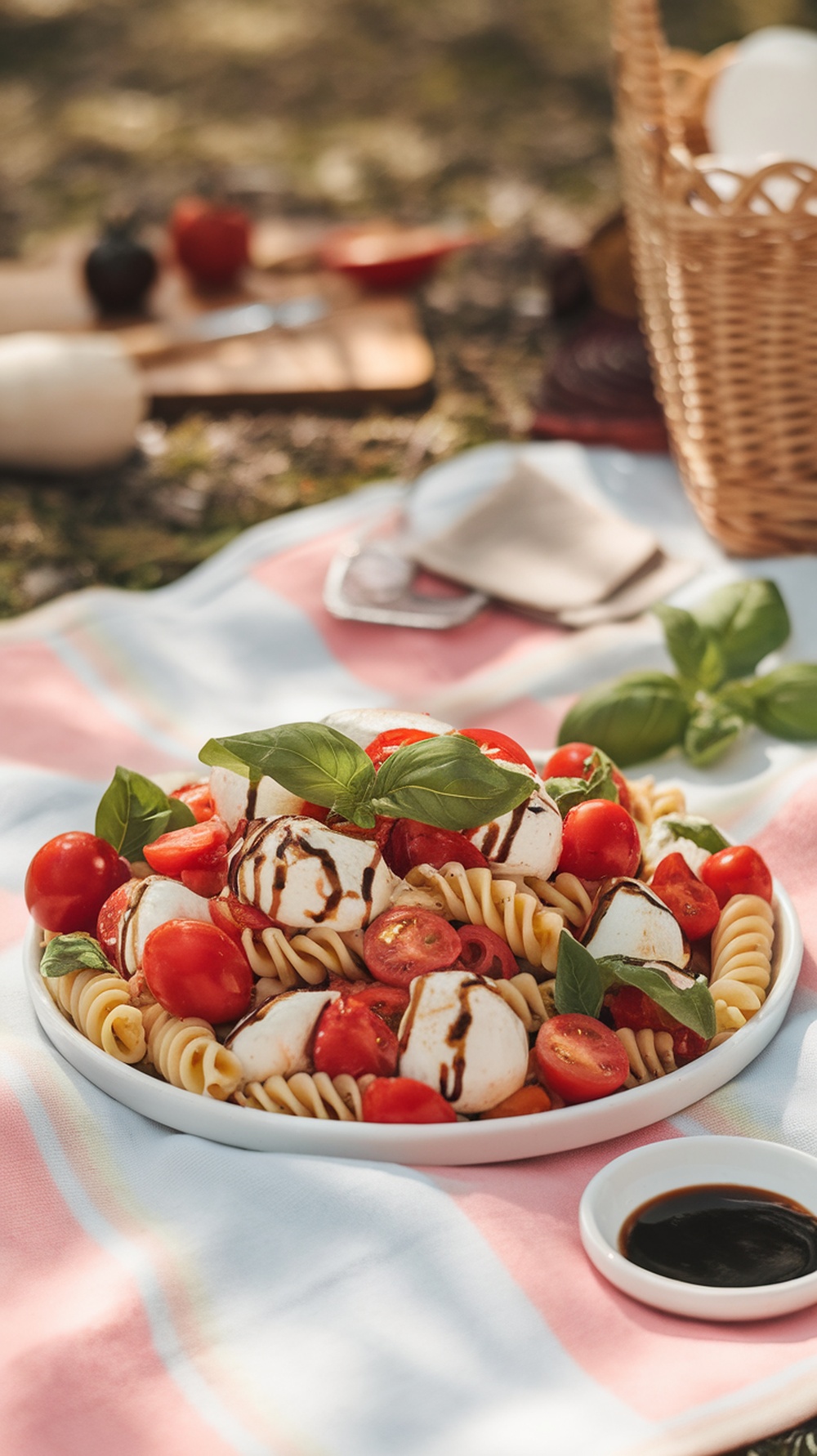 A colorful plate of Caprese pasta salad featuring rotini pasta, cherry tomatoes, fresh mozzarella, and basil drizzled with balsamic glaze.