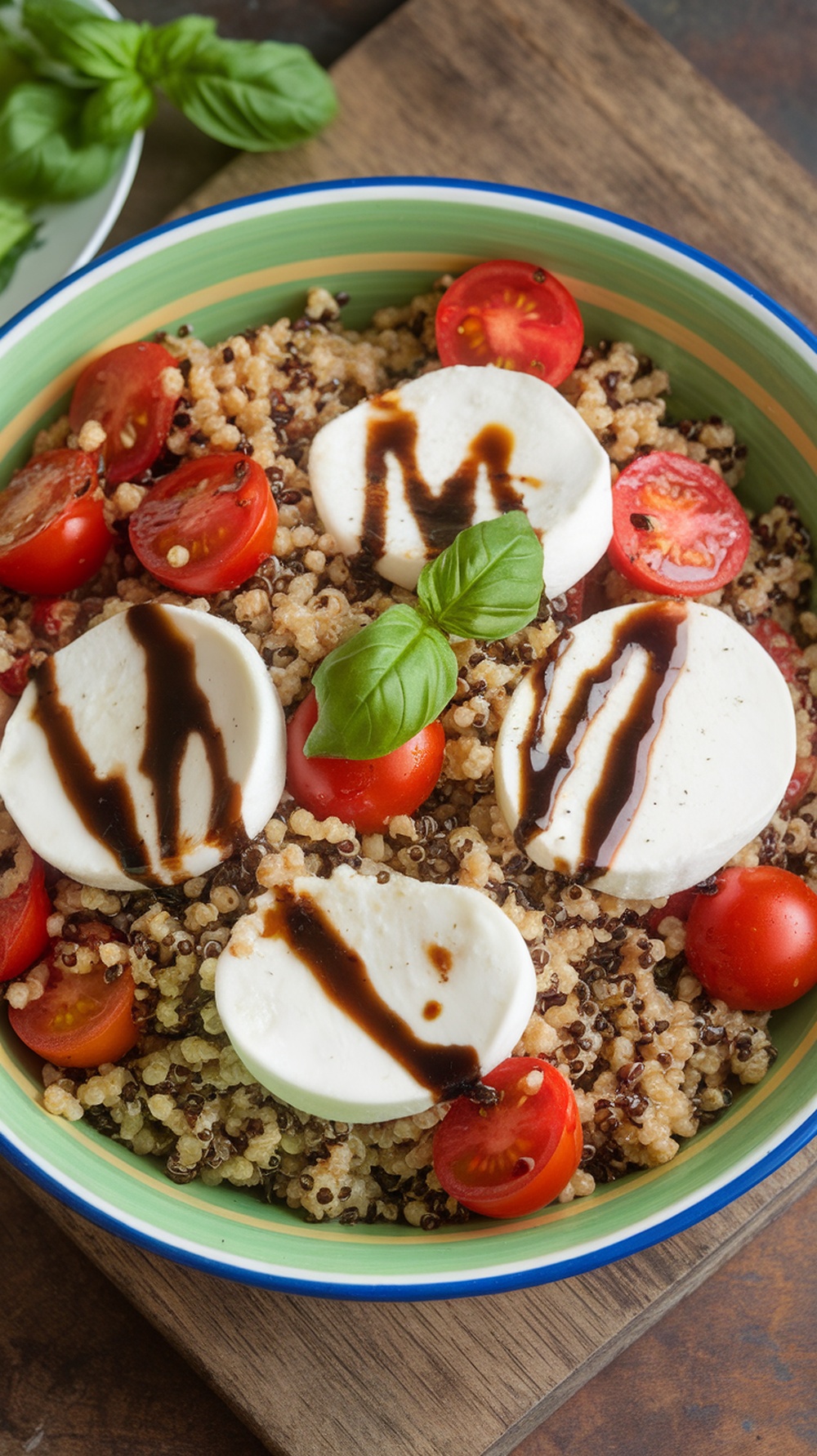 A colorful bowl of Caprese quinoa pasta salad featuring mozzarella, cherry tomatoes, and fresh basil.