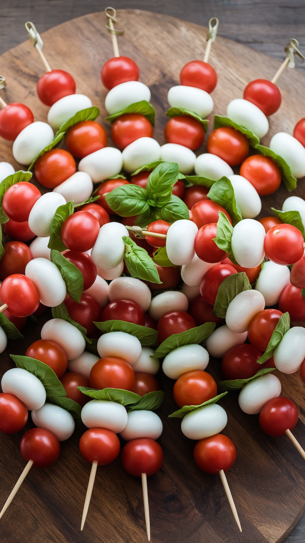 Caprese salad skewers with cherry tomatoes, mozzarella, and basil