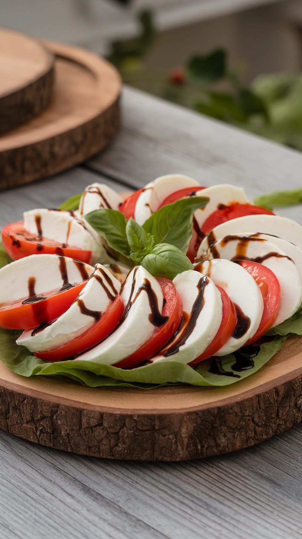 Delicious Caprese salad with fresh mozzarella, tomatoes, and basil drizzled with balsamic reduction.