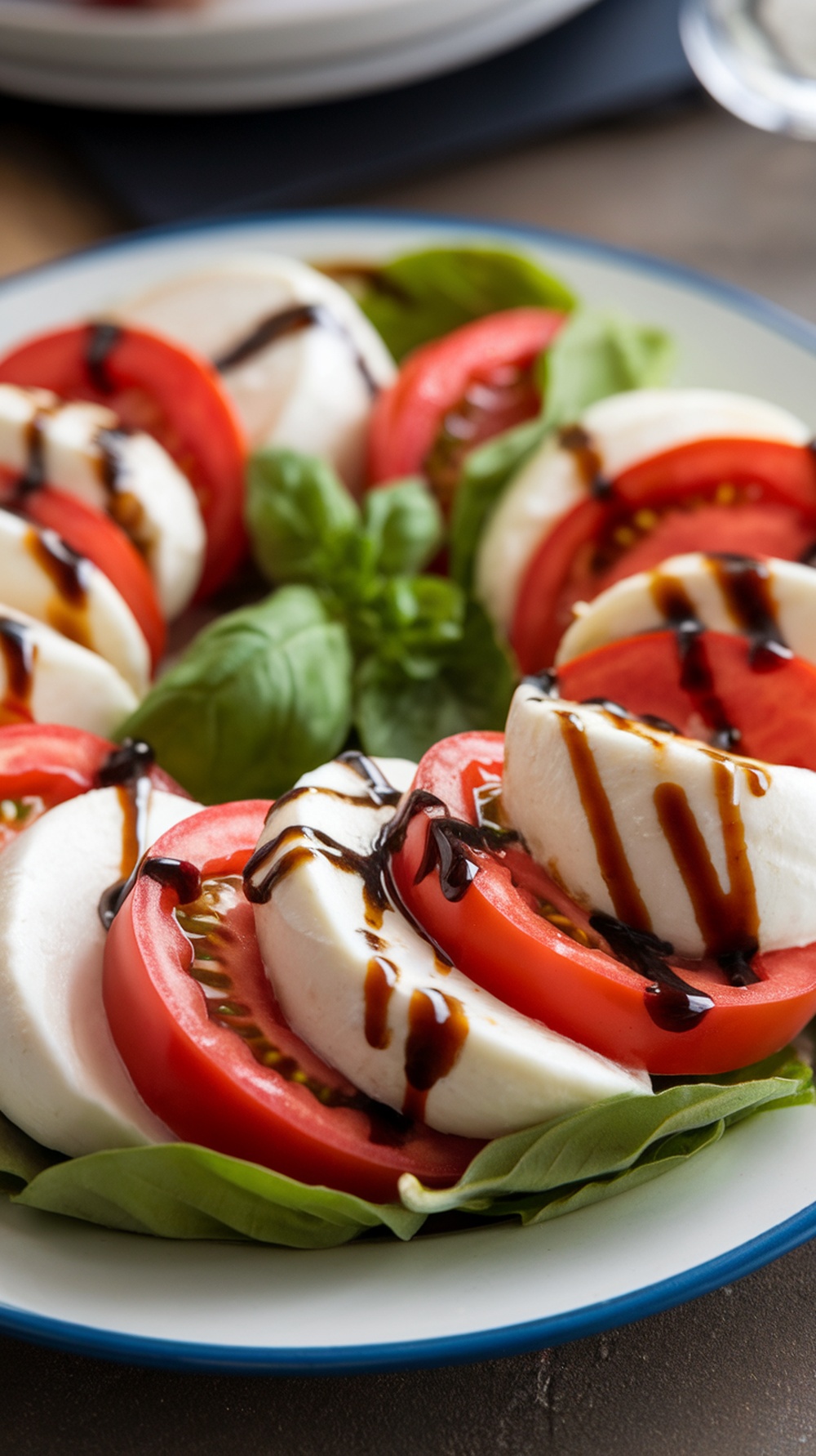 Caprese salad with layers of fresh mozzarella, tomatoes, and a balsamic drizzle.