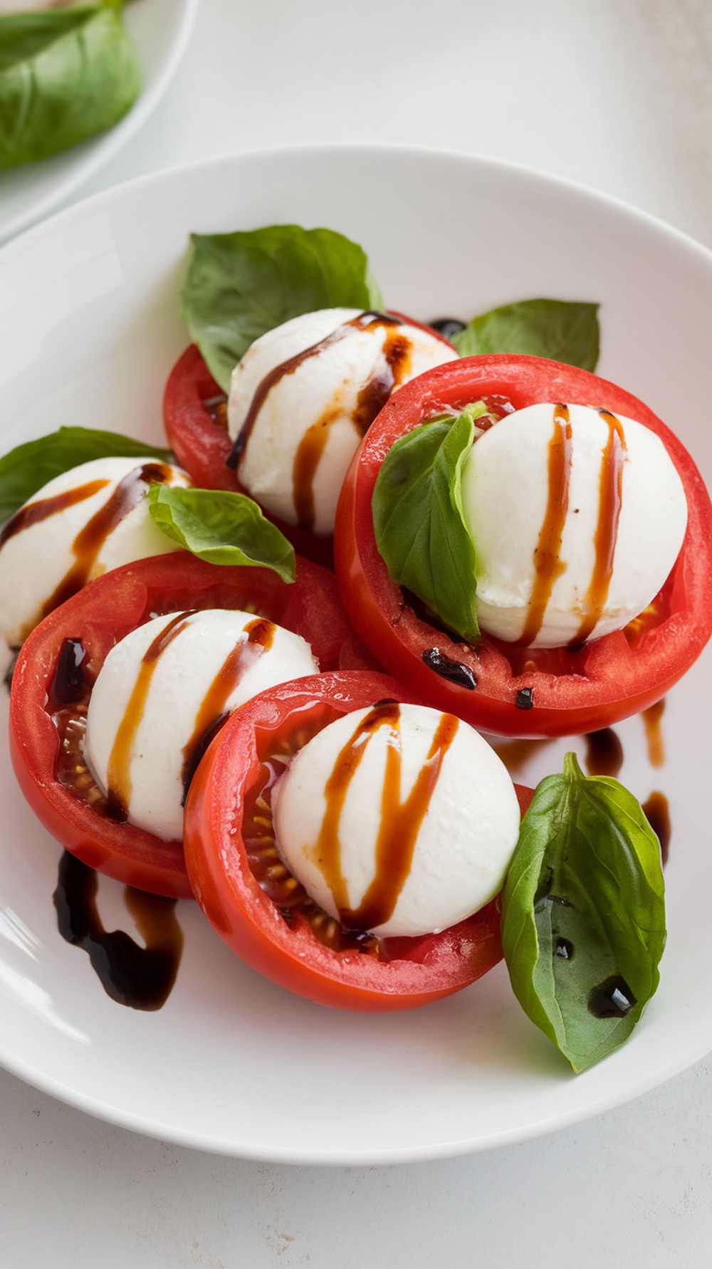 A fresh Caprese salad with tomatoes, mozzarella, and basil drizzled with balsamic reduction.