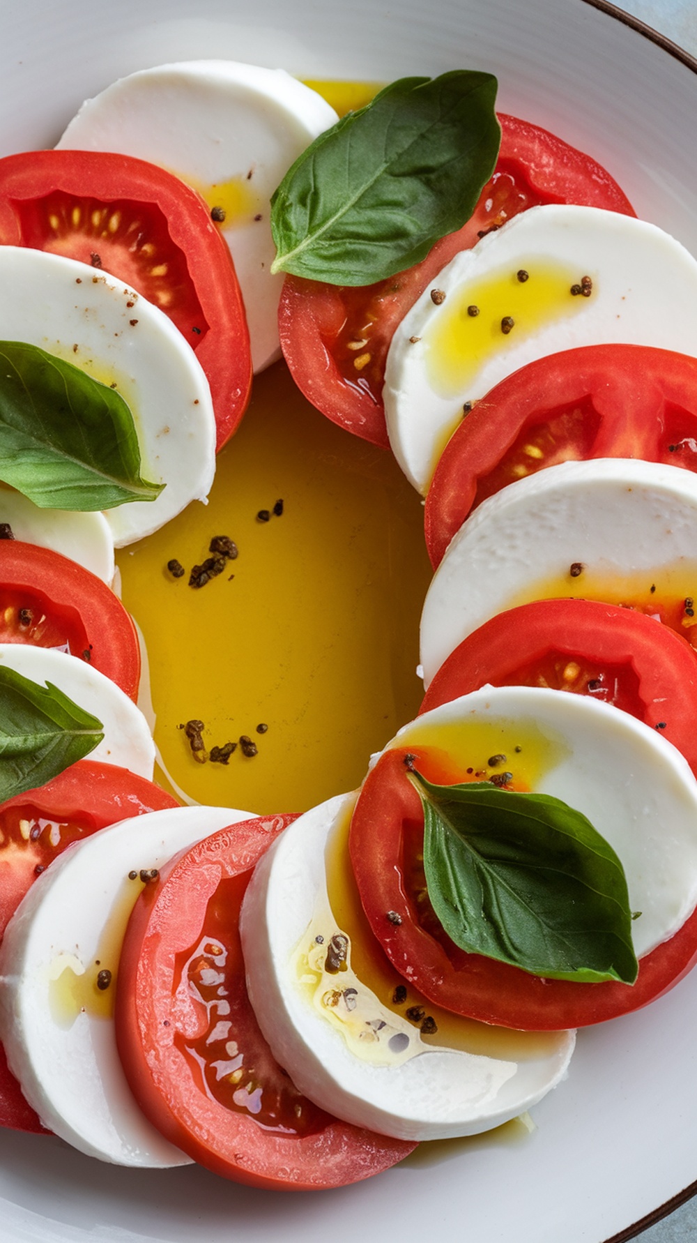 A beautifully arranged Caprese salad featuring slices of fresh mozzarella and ripe tomatoes, garnished with basil leaves and drizzled with olive oil.