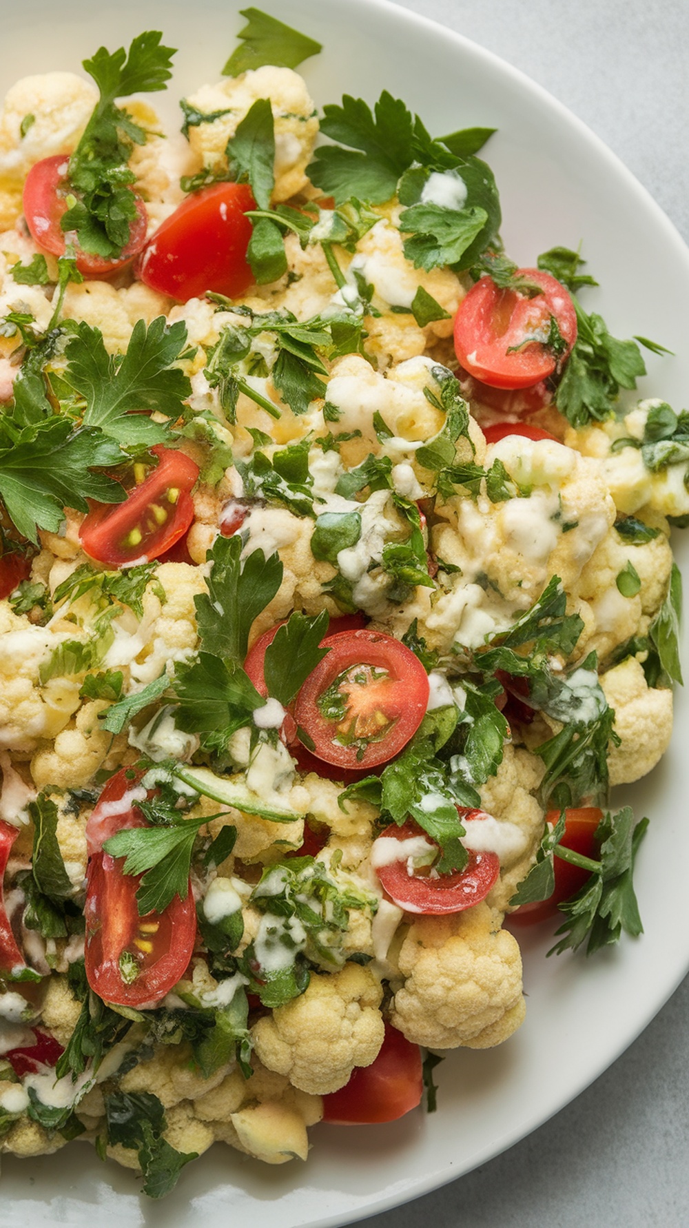 A fresh bowl of cauliflower tabbouleh salad.