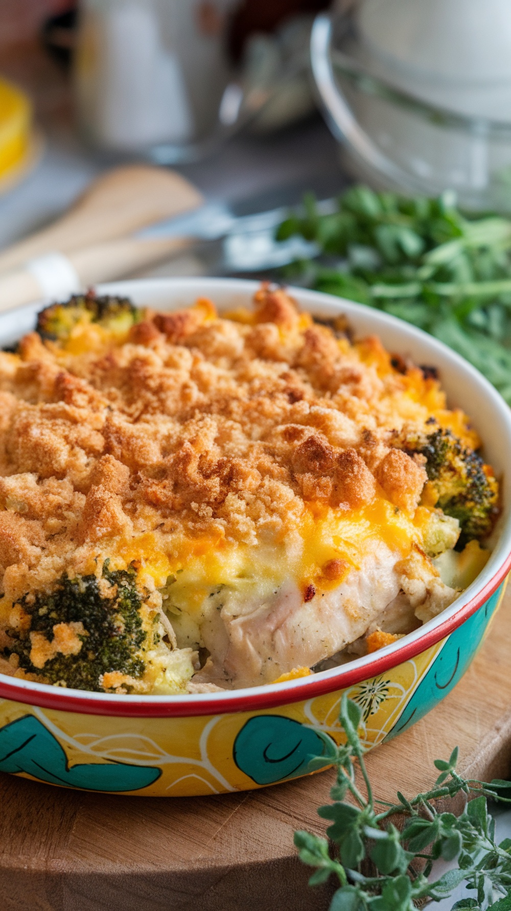 Cheesy Broccoli and Chicken Bake in a colorful dish