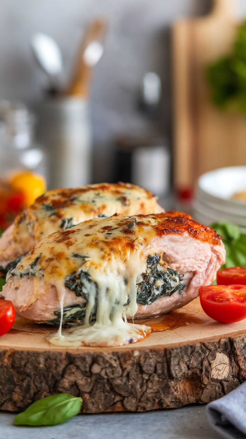 Cheesy Spinach Stuffed Chicken with melted cheese and fresh tomatoes