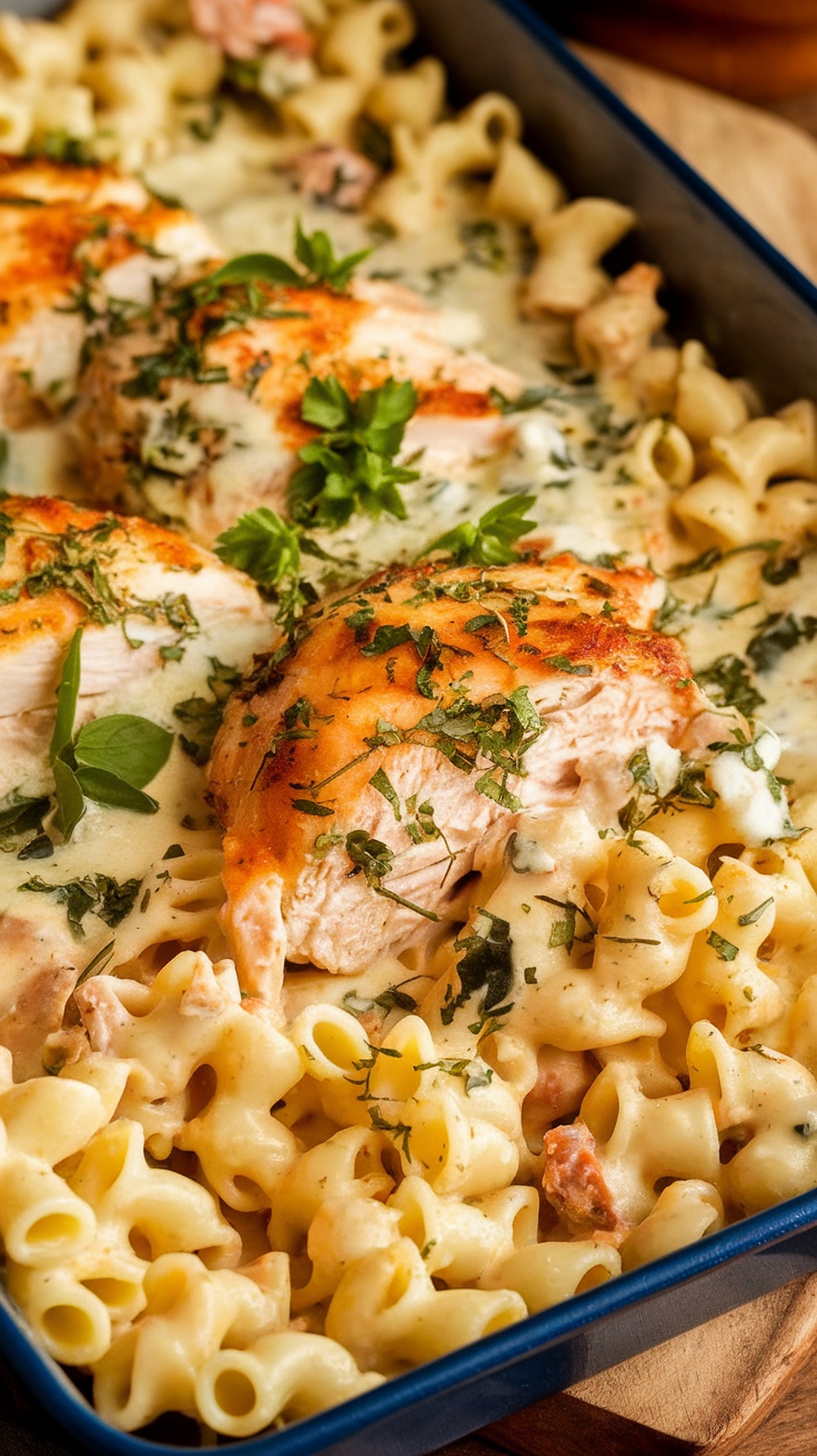 A delicious Chicken Alfredo Pasta Bake topped with herbs and cheese