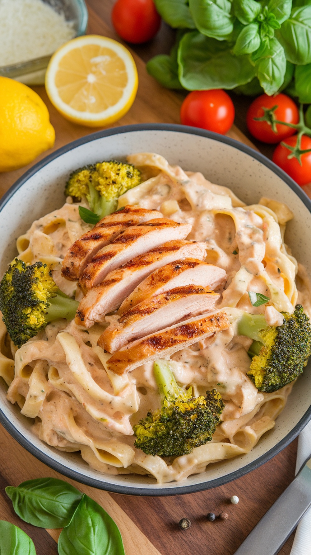 A delicious bowl of Chicken Alfredo with Broccoli topped with sliced chicken breast.